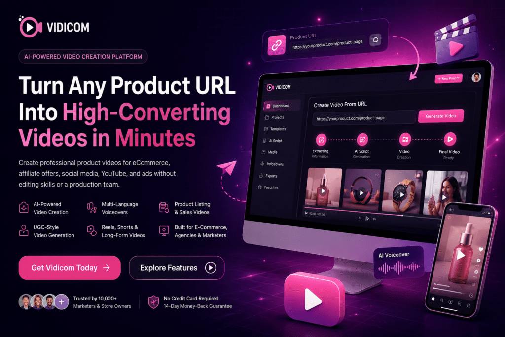 Vidicom AI-powered product video creator dashboard transforming product URLs into high-converting marketing videos for eCommerce businesses
