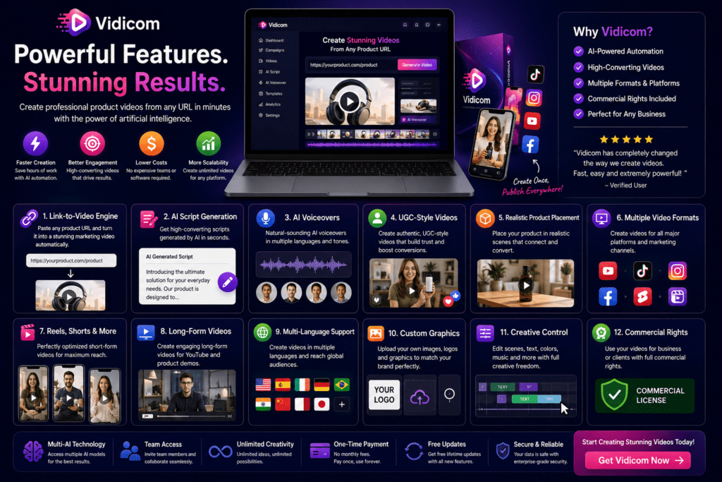 Vidicom AI video creation platform features including URL-to-video generation, AI voiceovers, UGC videos, multi-language support, product marketing videos, and commercial rights