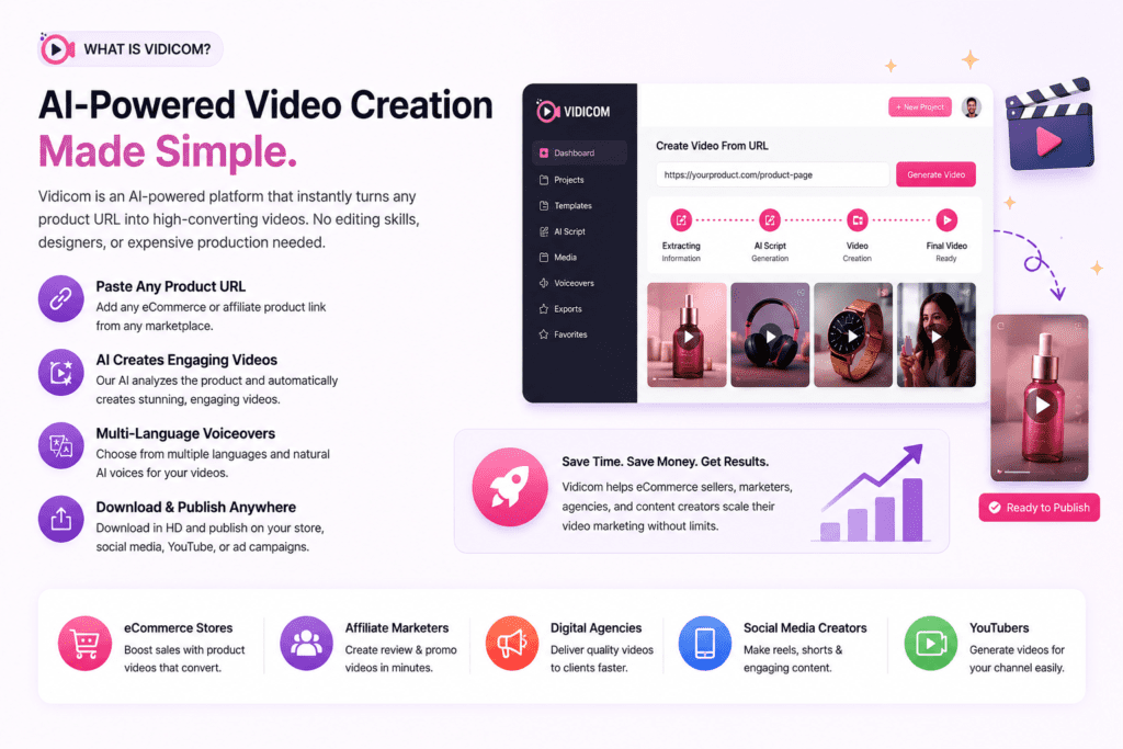 Vidicom AI-powered video creation platform converting product URLs into professional marketing videos for eCommerce businesses and affiliate marketers