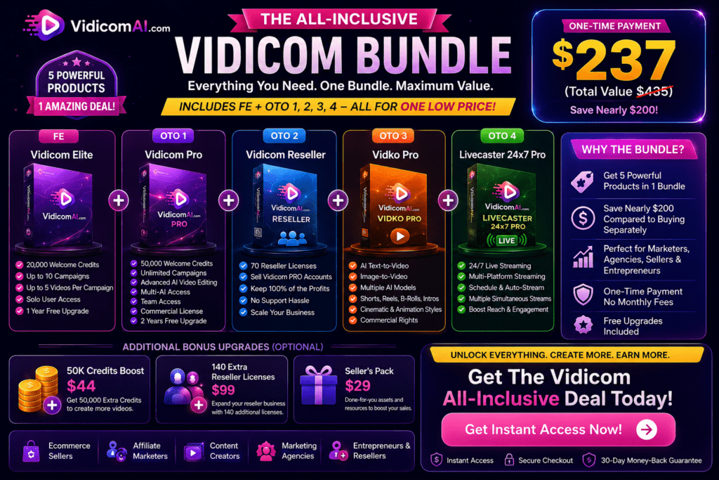 Vidicom All-Inclusive Bundle featuring Vidicom Elite, Pro, Reseller, Vidko Pro, and Livecaster 24x7 Pro with complete upgrade package and bundle savings
