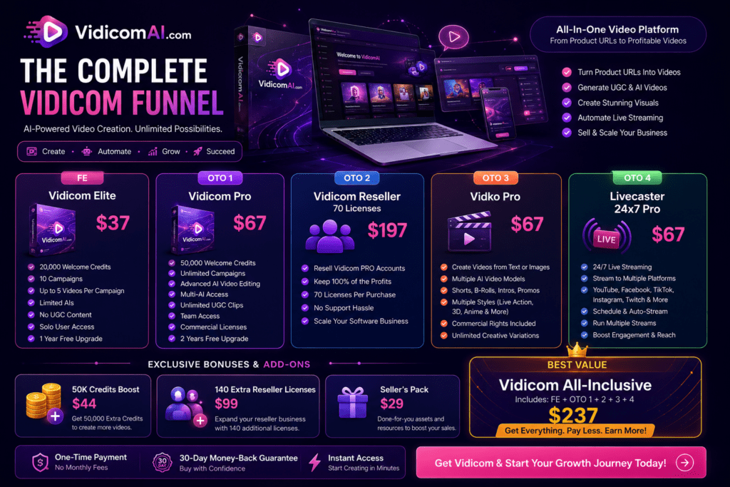 Vidicom complete funnel breakdown showing Vidicom Elite, Pro, Reseller, Vidko Pro, Livecaster 24x7 Pro, pricing, upgrades, bonuses, and All-Inclusive package