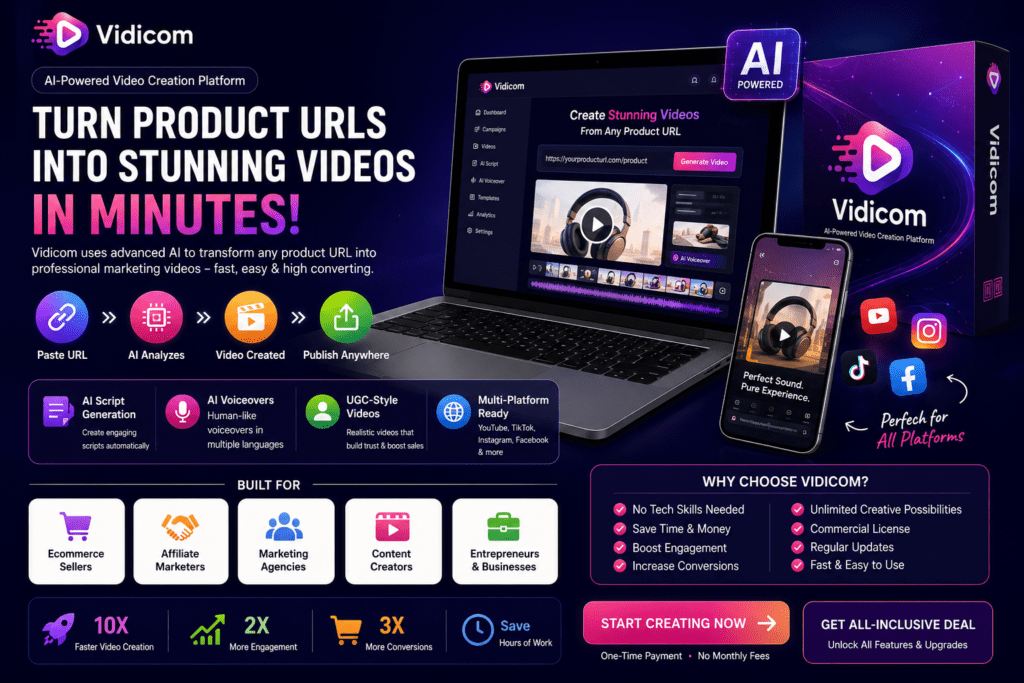 Vidicom official website showcasing AI-powered product video creation platform that transforms product URLs into marketing videos for eCommerce businesses, affiliate marketers, and agencies