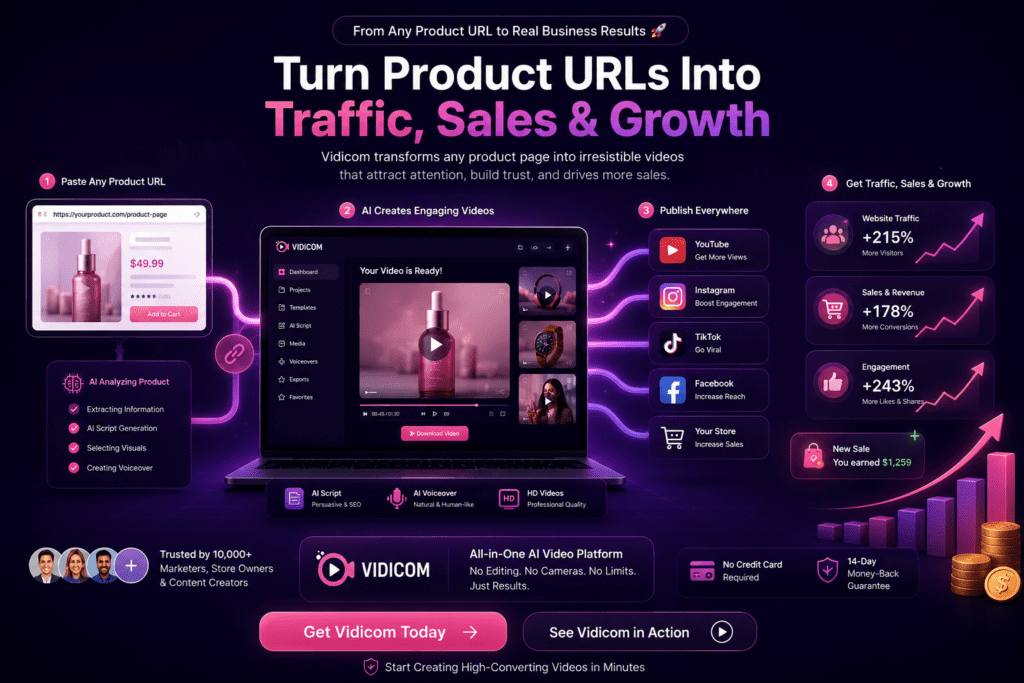 Vidicom AI video creation platform turning product URLs into traffic, sales, customer engagement, and business growth through automated marketing videos